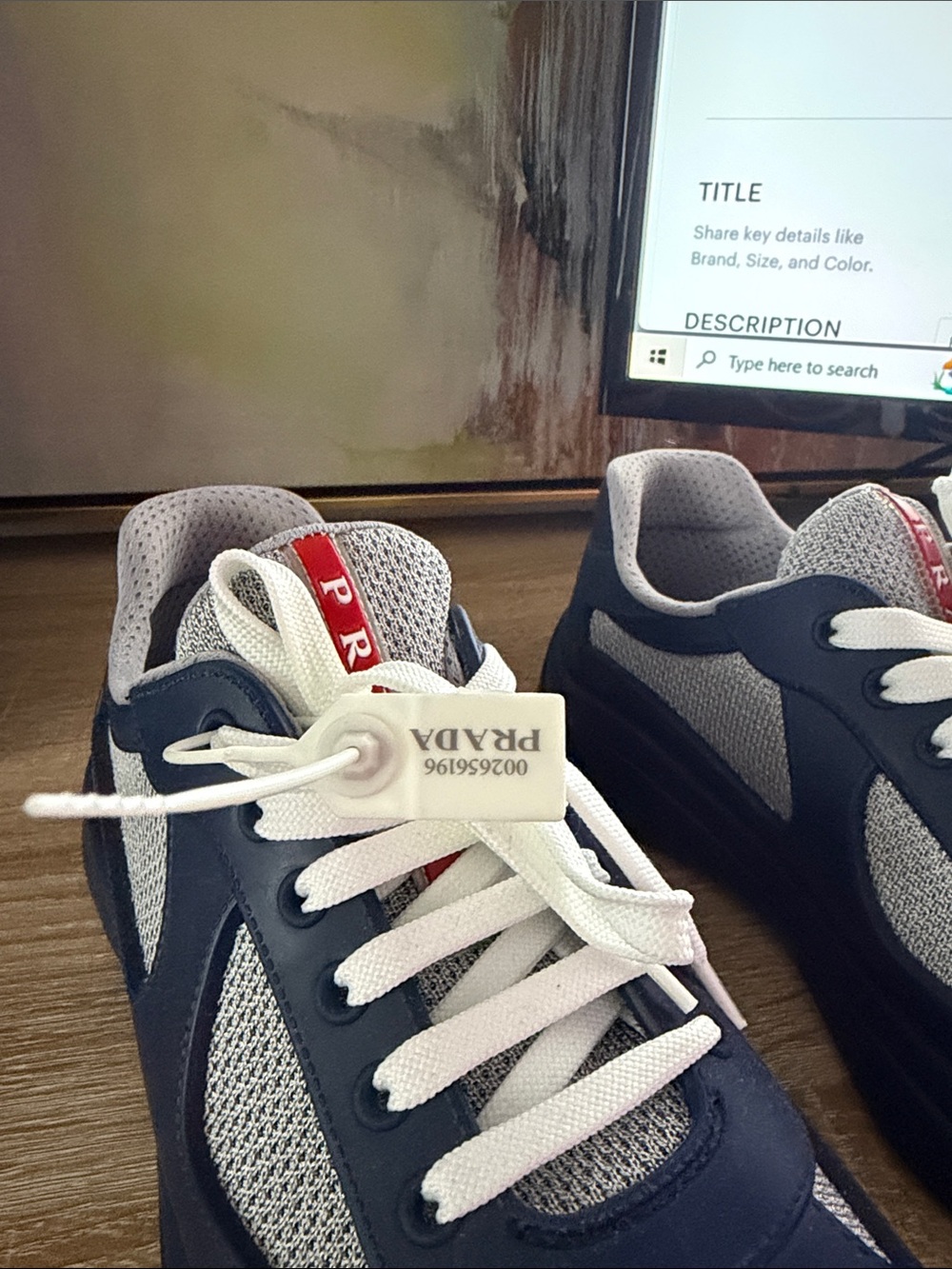Prada Men’s Blue and White Leather-Trim Sneakers - Picture 8 of 15